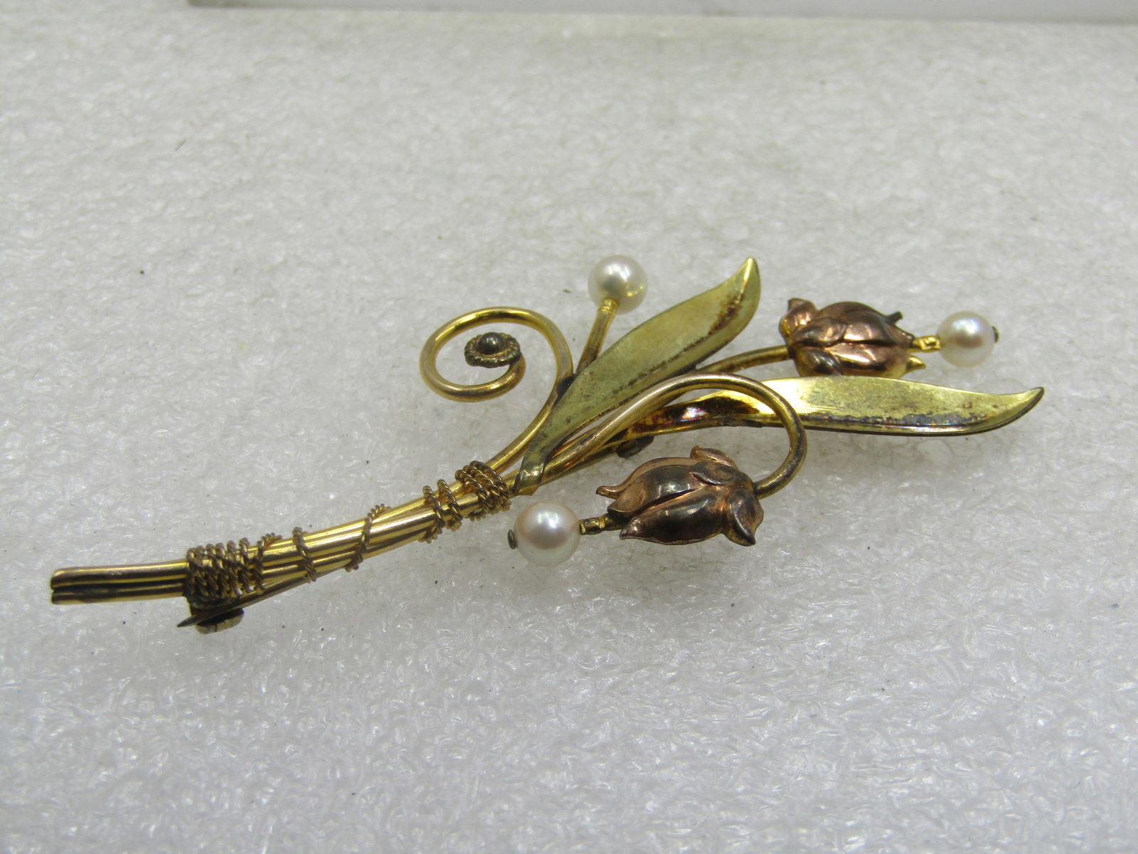 12kt G.F. Faux Pearl Stem Brooch, Van Dell, 1940's - 3