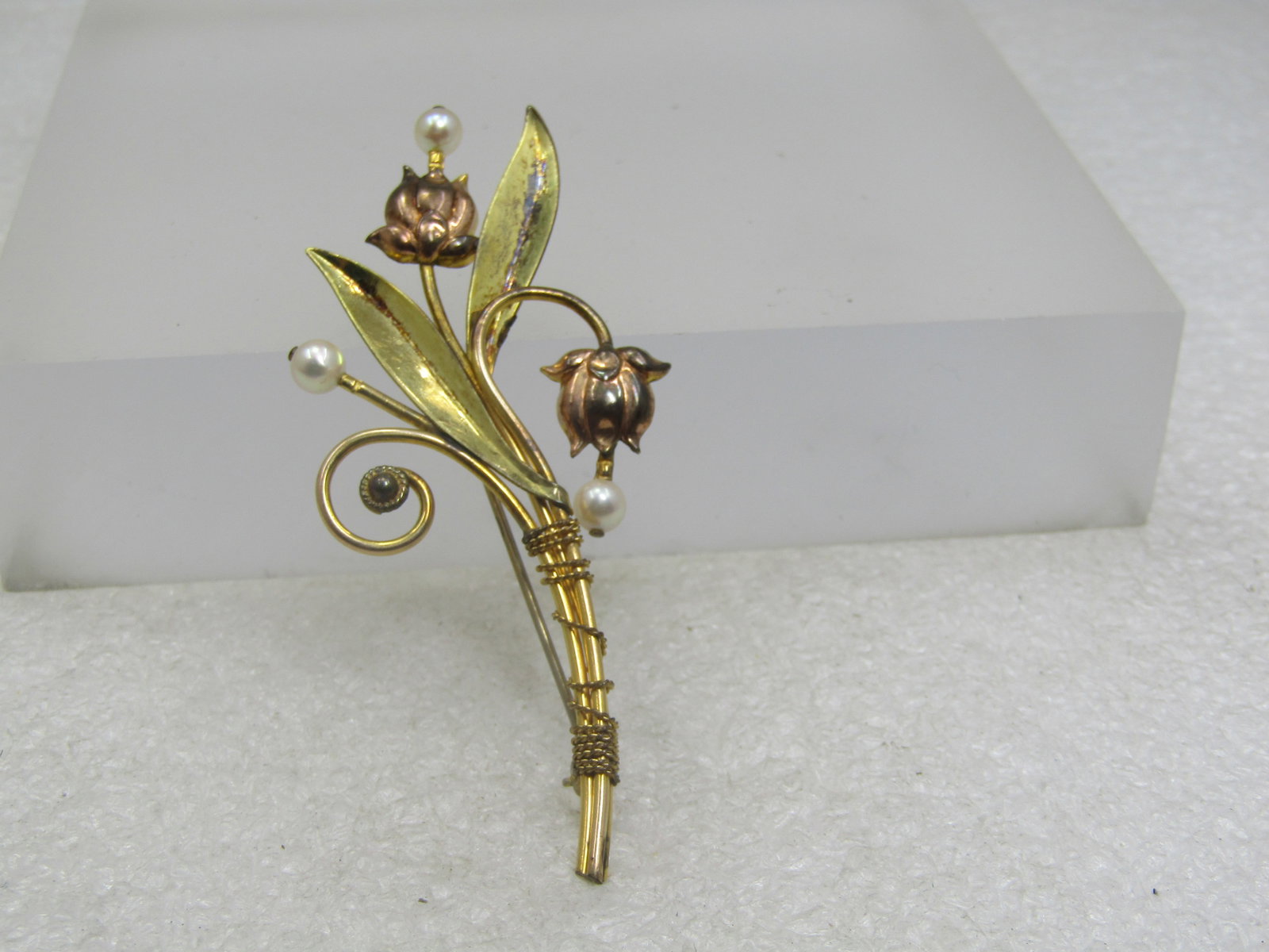 12kt G.F. Faux Pearl Stem Brooch, Van Dell, 1940's - 5