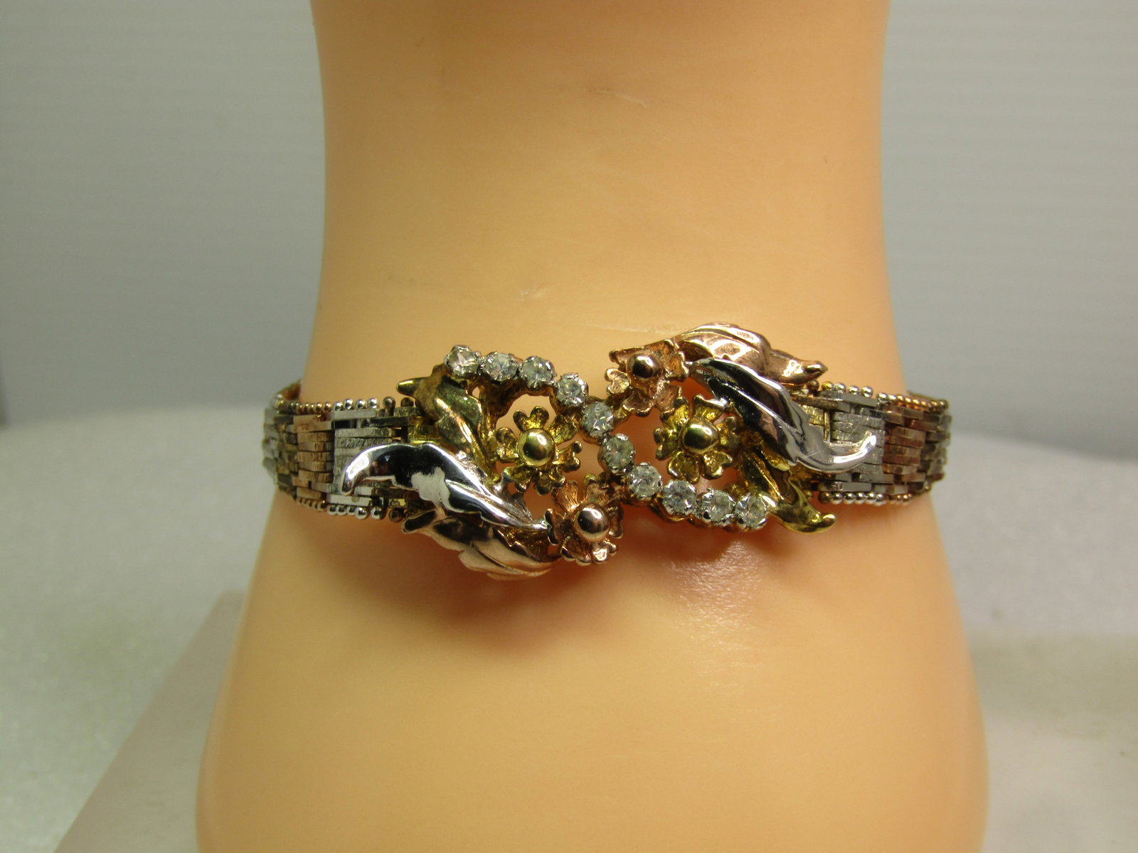 Vintage Sterling Vermeil Riccio Bracelet, CZ and Floral Accents, 1990's, 7.25, Signed Milor, Italy - 2