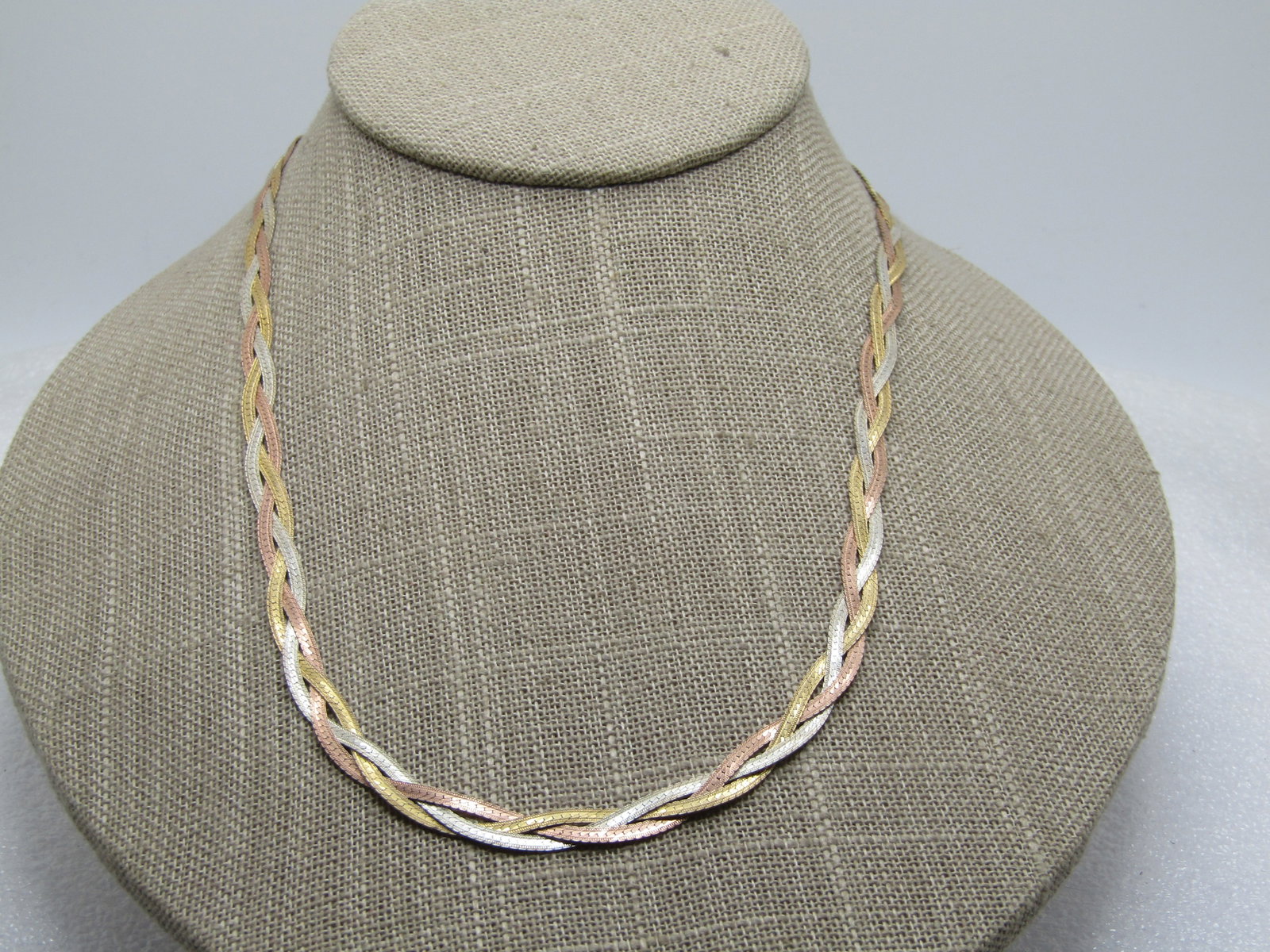 Vintage Sterling Vermeil Braided Herringbone Necklace, 18", Tri-Color, 1980's, Signed (1 of 7)