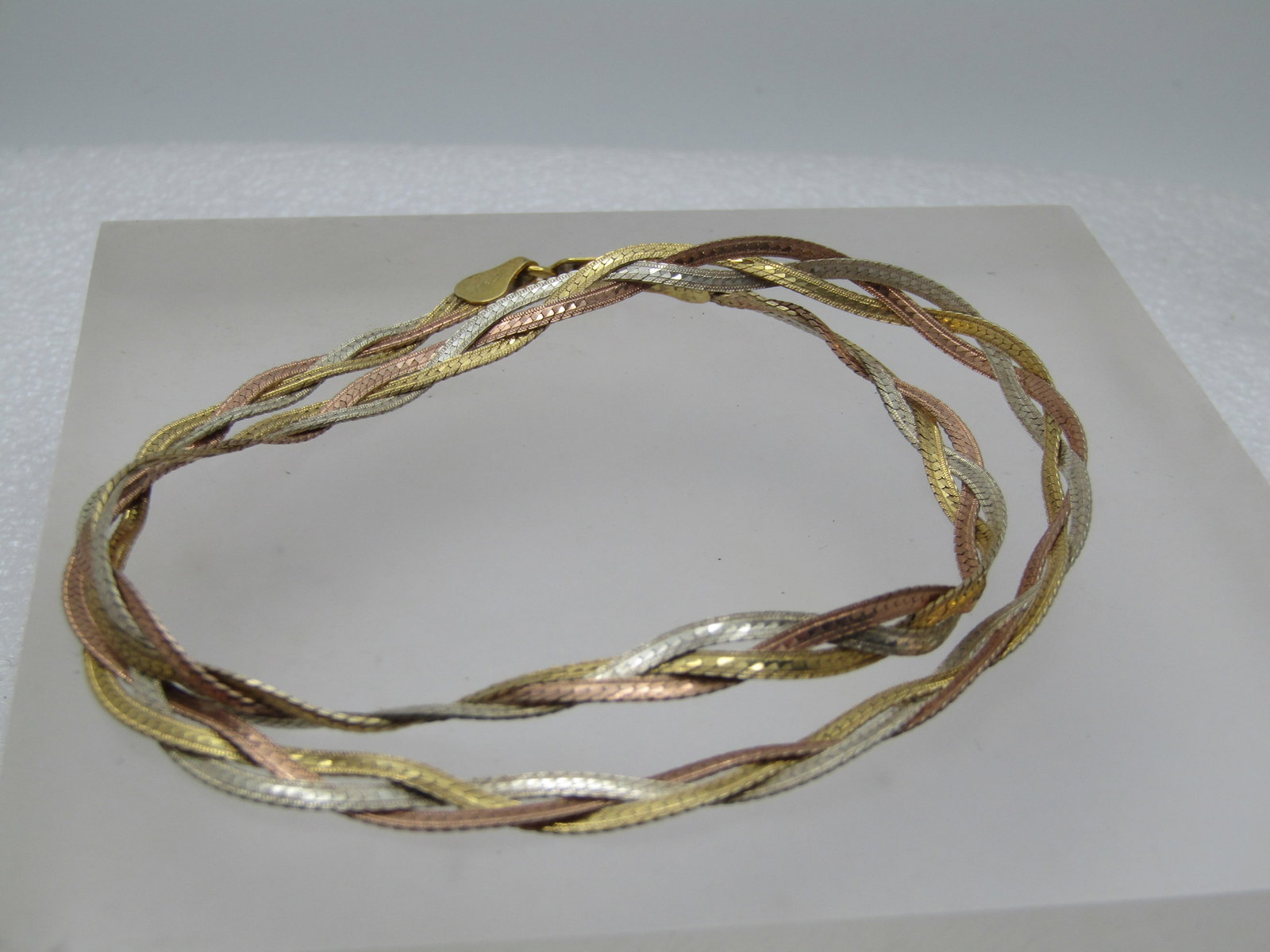 Vintage Sterling Vermeil Braided Herringbone Necklace, 18", Tri-Color, 1980's, Signed - 2