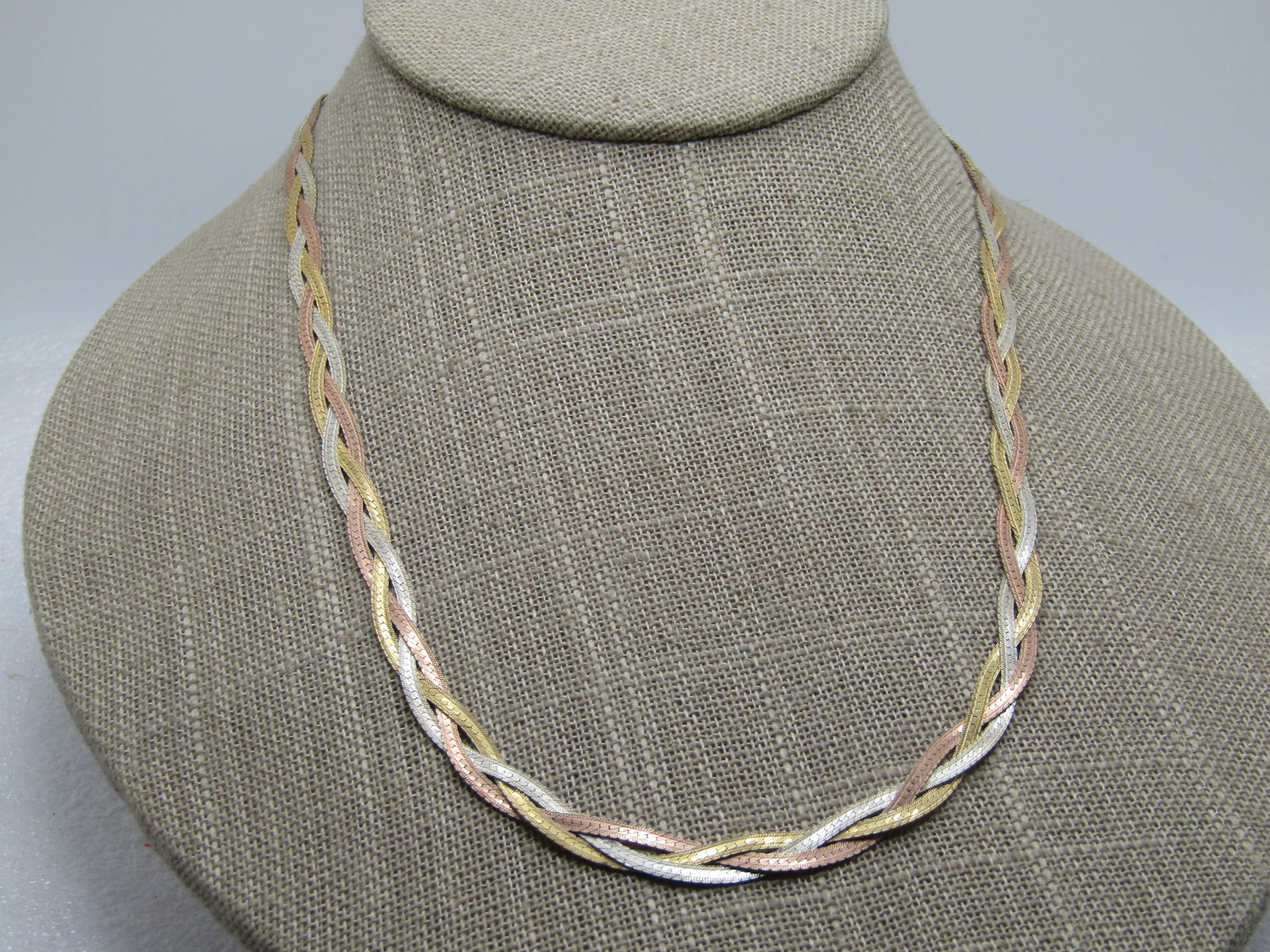 Vintage Sterling Vermeil Braided Herringbone Necklace, 18", Tri-Color, 1980's, Signed - 5