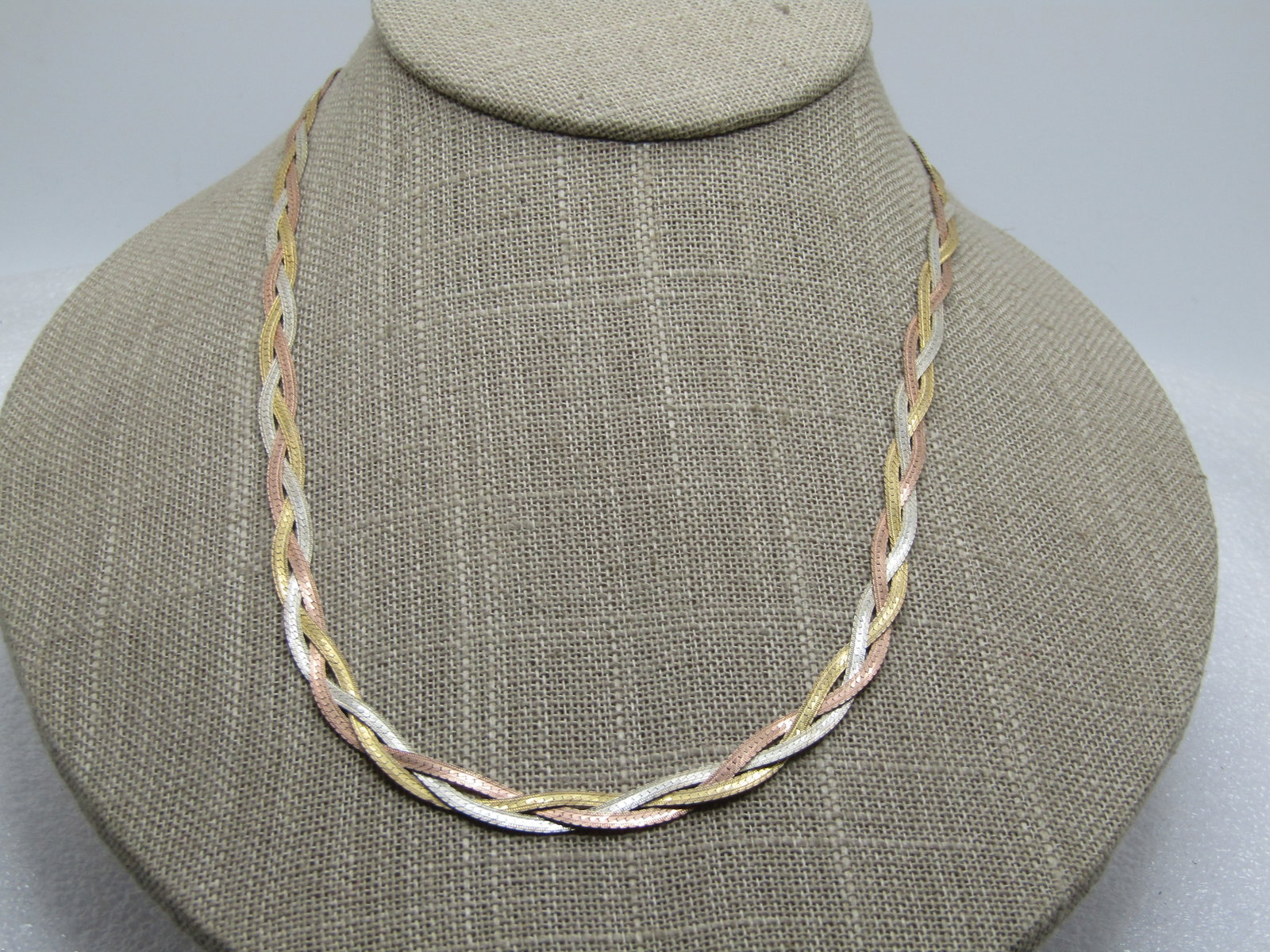 Vintage Sterling Vermeil Braided Herringbone Necklace, 18", Tri-Color, 1980's, Signed - 6