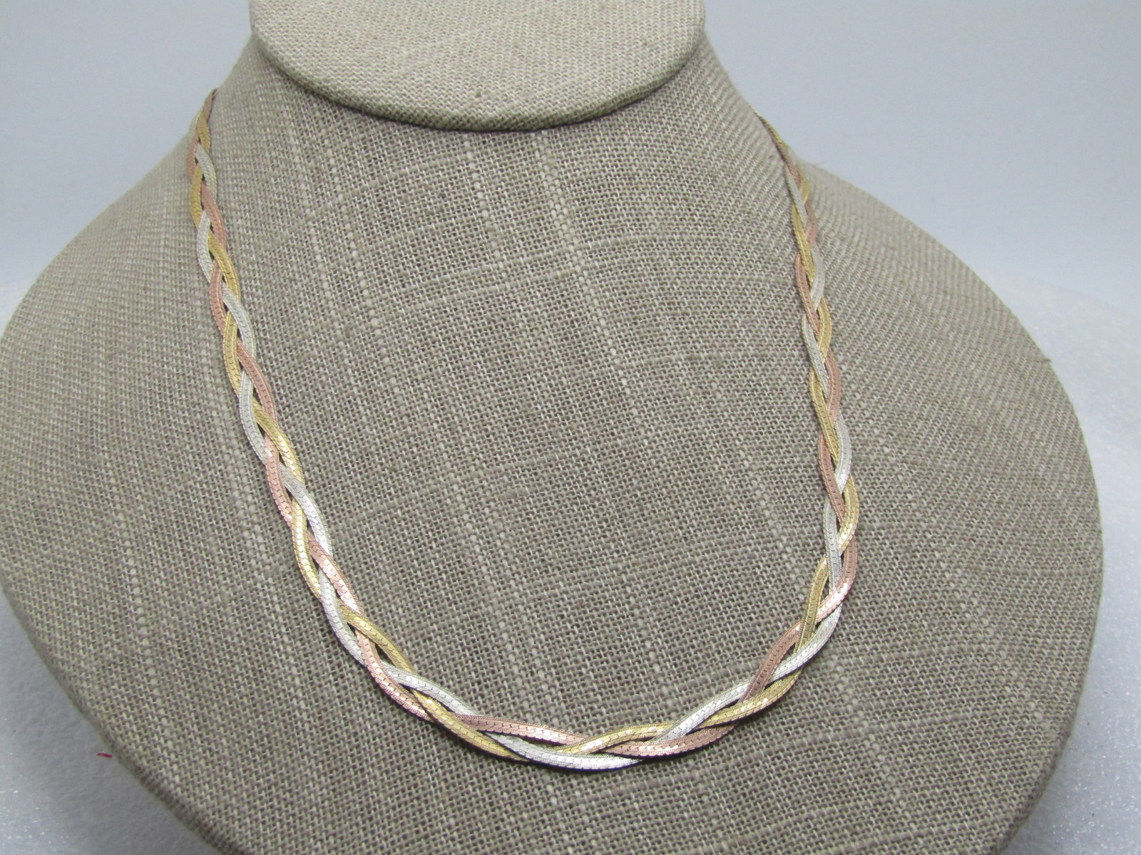 Vintage Sterling Vermeil Braided Herringbone Necklace, 18", Tri-Color, 1980's, Signed - 7