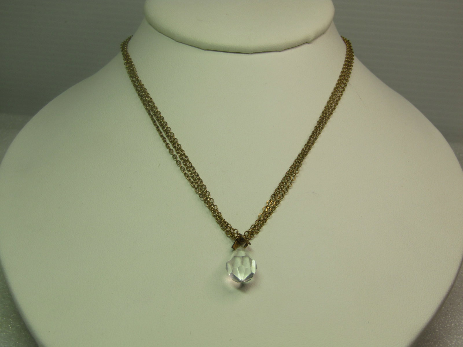 Vintage Sterling Vermeil Triple Strand Crystal Pendant Necklace, 17", 1970's, Signed: Vintage Sterling Vermeil Triple Strand Crystal Pendant Necklace, 17", 1970's, Signed R which usually indicates it is plated. The faceted crystal teardrop pendant is appx. 3/4" long with bail and 9mm