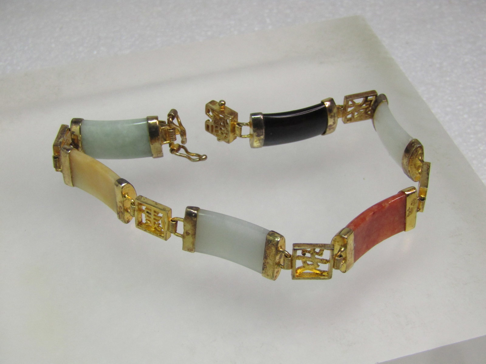 Vintage Sterling Vermeil Chinese Jade Link Bracelet, 7.5", 1980's, Signed - 2