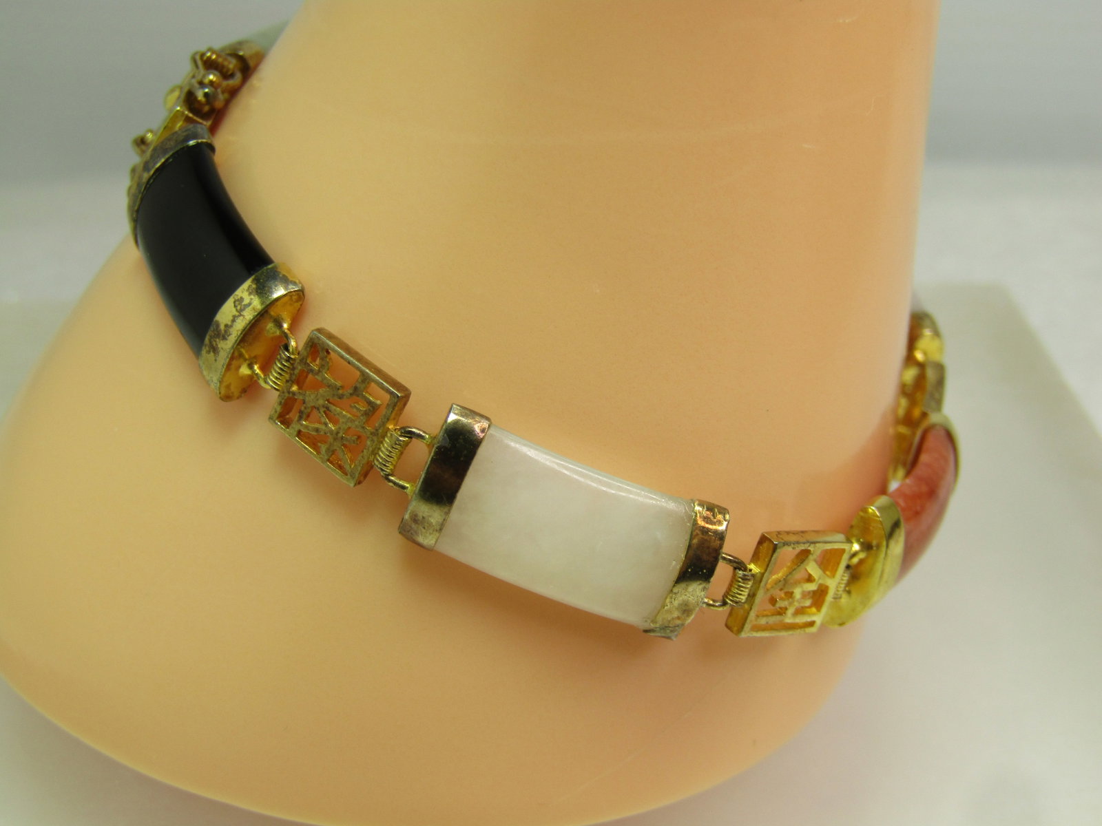 Vintage Sterling Vermeil Chinese Jade Link Bracelet, 7.5", 1980's, Signed - 6