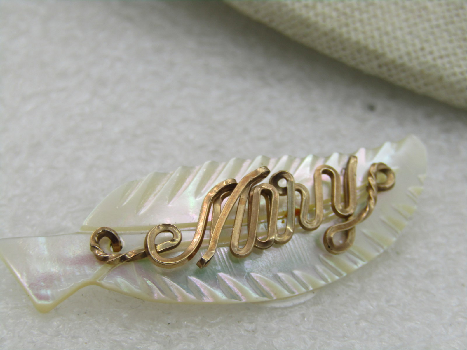 Vintage Mother-of-Pearl Mary Name Brooch, Leaf Design, 2" wide - 5