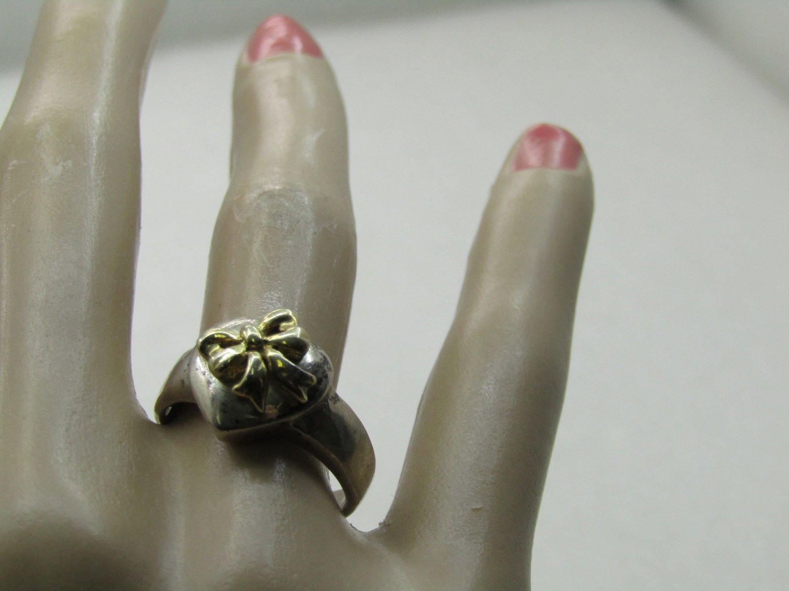 Vintage Sterling Heart & Bow Ring, 10kt Gold Washed Bow, Sz. 8 - 2