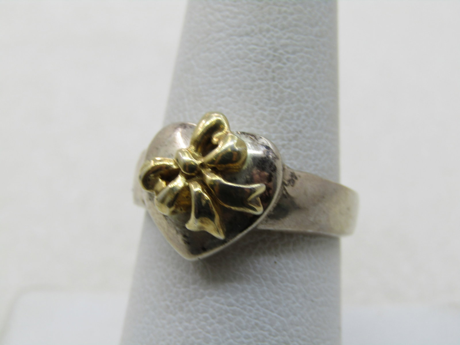Vintage Sterling Heart & Bow Ring, 10kt Gold Washed Bow, Sz. 8 - 5
