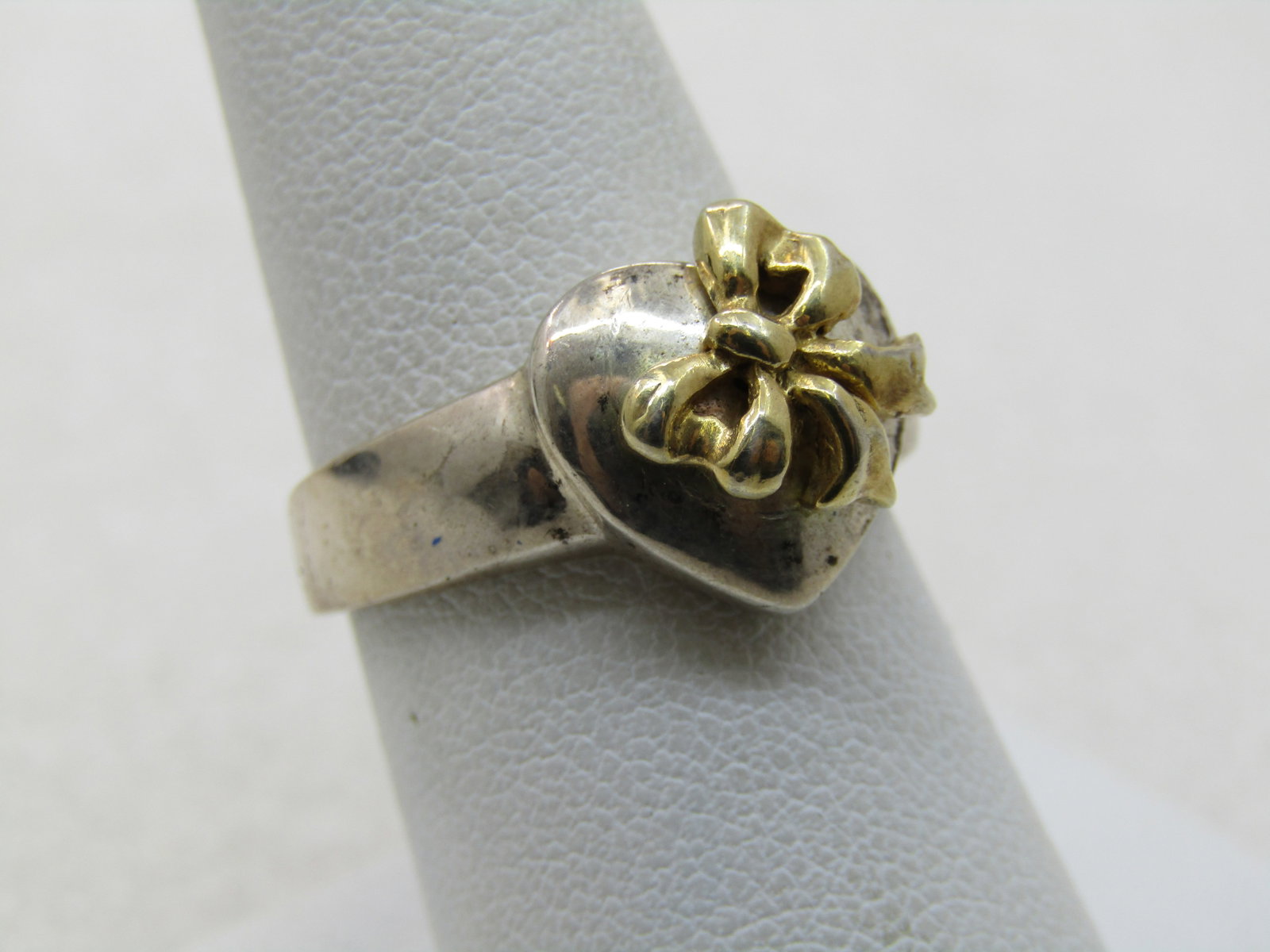 Vintage Sterling Heart & Bow Ring, 10kt Gold Washed Bow, Sz. 8 - 6