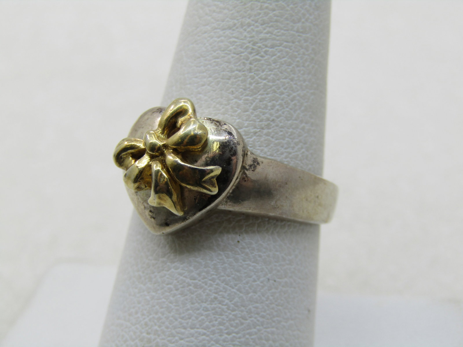 Vintage Sterling Heart & Bow Ring, 10kt Gold Washed Bow, Sz. 8 - 7