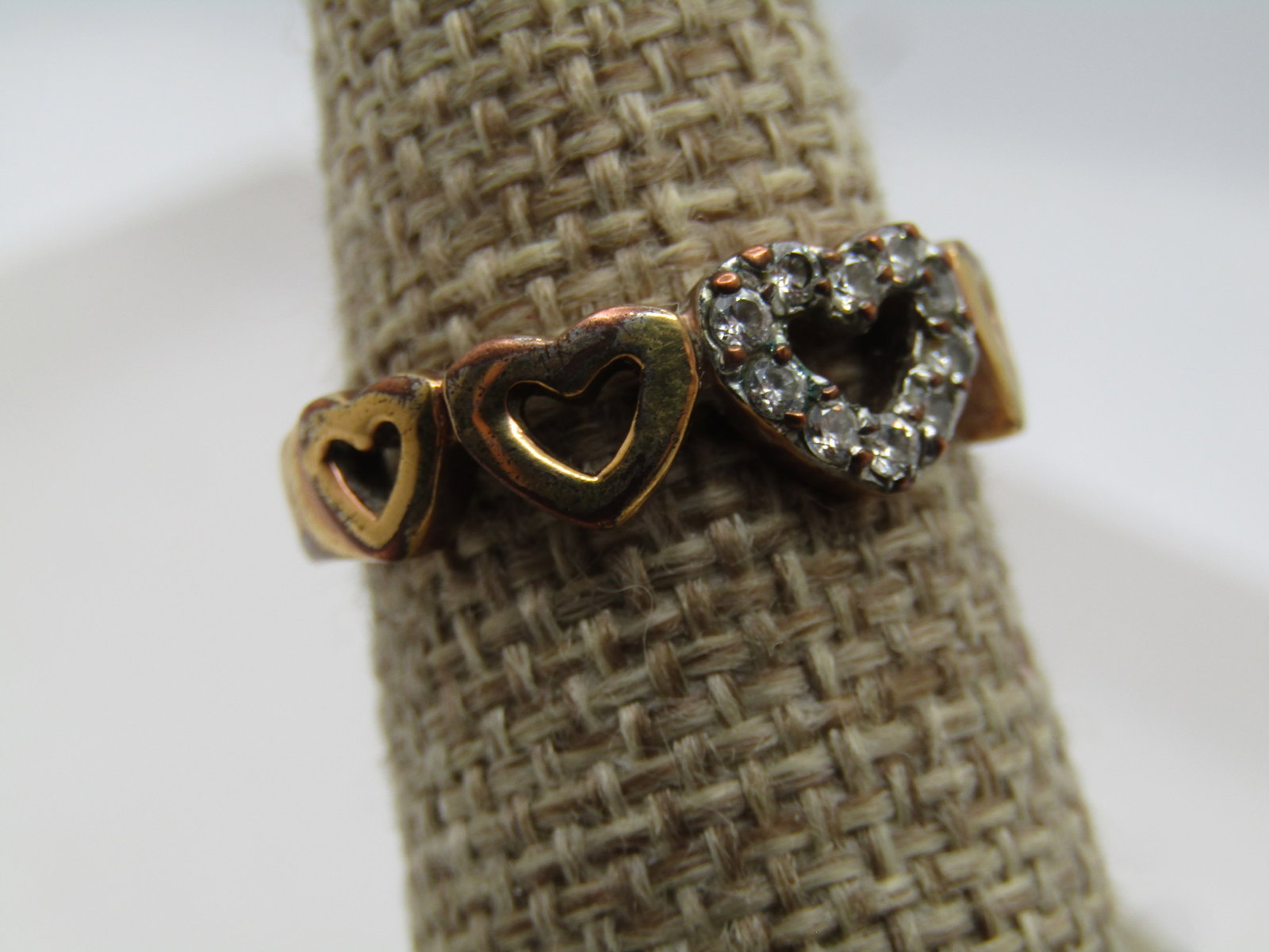 Vintage 10kt G.F. Five Heart Ring with Rhinestones, Sz. 7.5, 1980's, Signed - 7