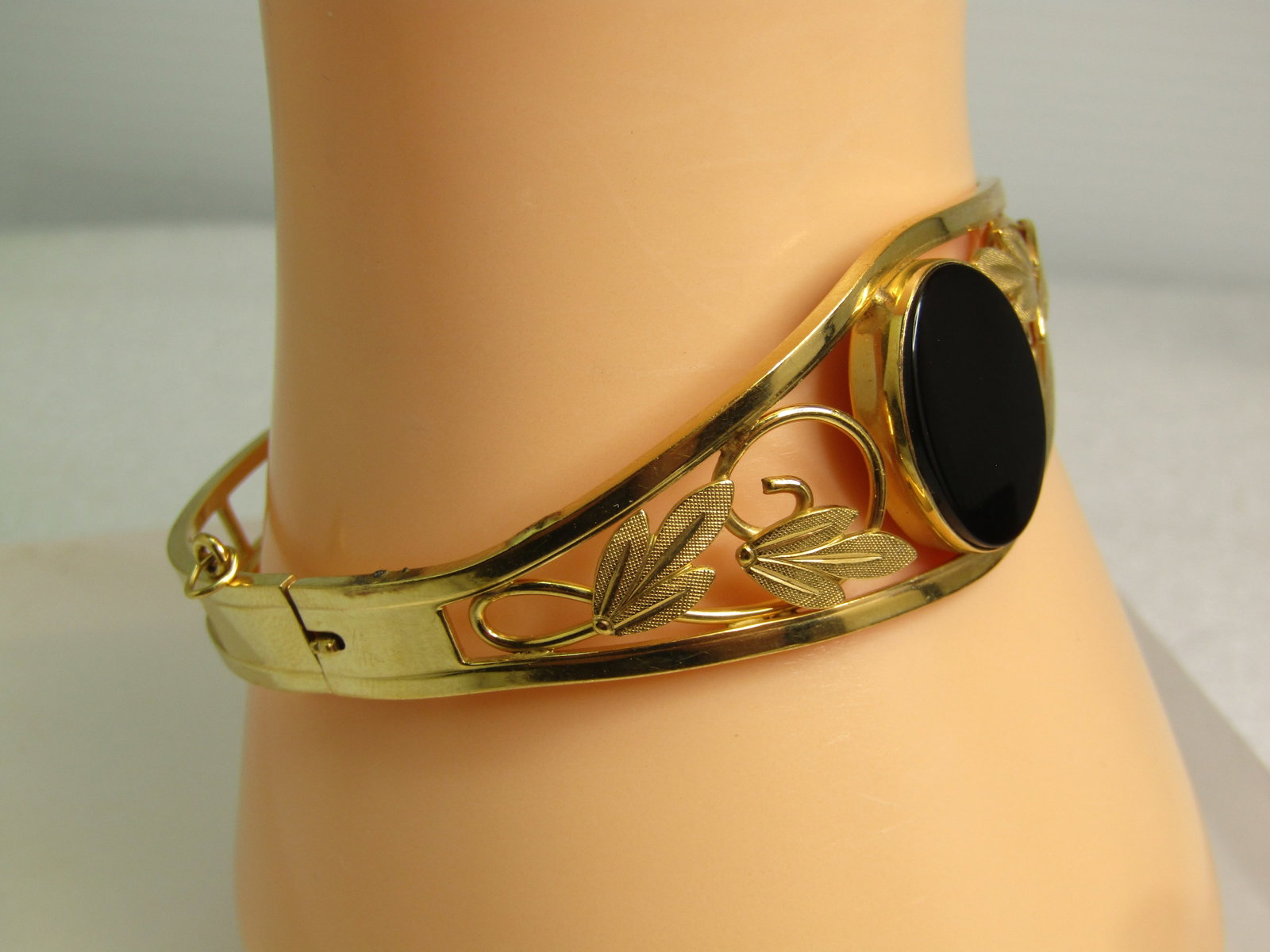 Vintage 12kt G.F. Onyx Hinged Clamper Bracelet, 6.5", 1970's, Signed Van Dell - 4