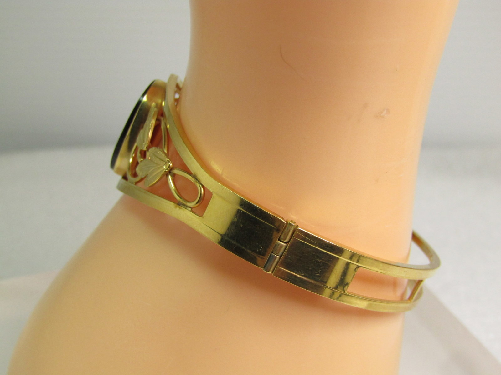 Vintage 12kt G.F. Onyx Hinged Clamper Bracelet, 6.5", 1970's, Signed Van Dell - 6