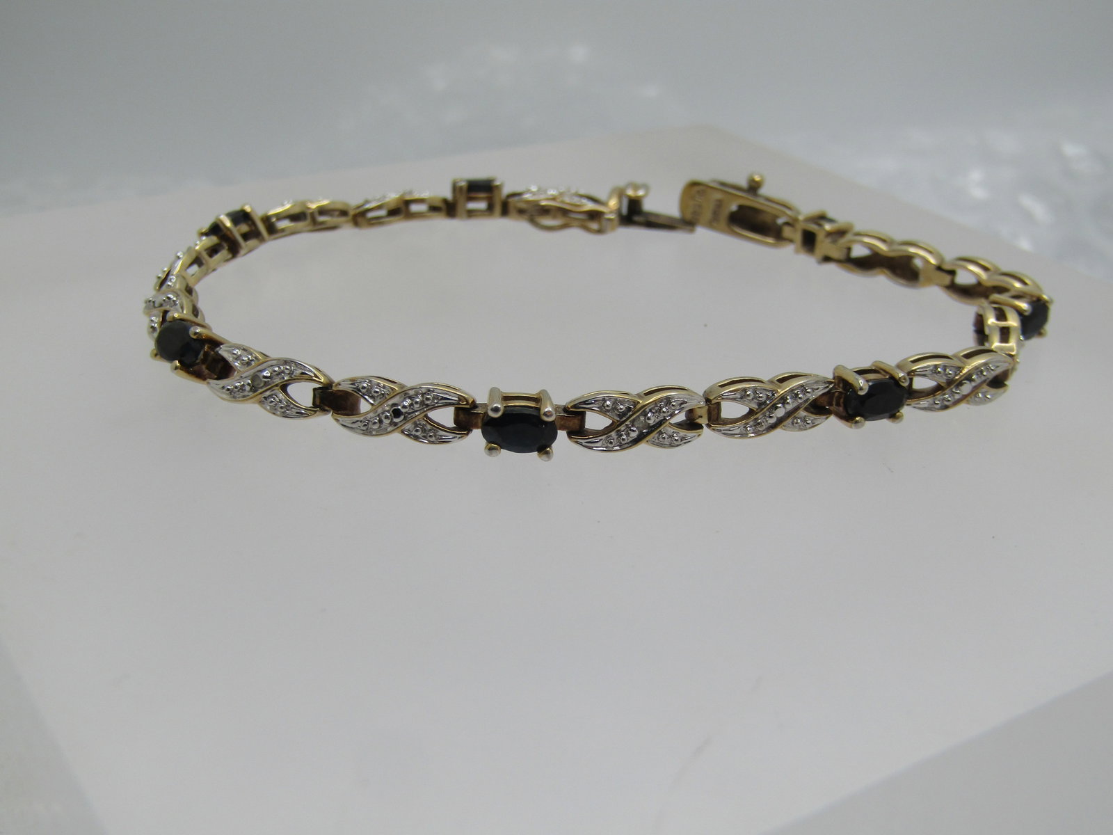 Vintage Sterling Vermeil Sapphire Illusion Tennis Bracelet, 7.5", Signed R, Two-Tone XO (1 of 7)