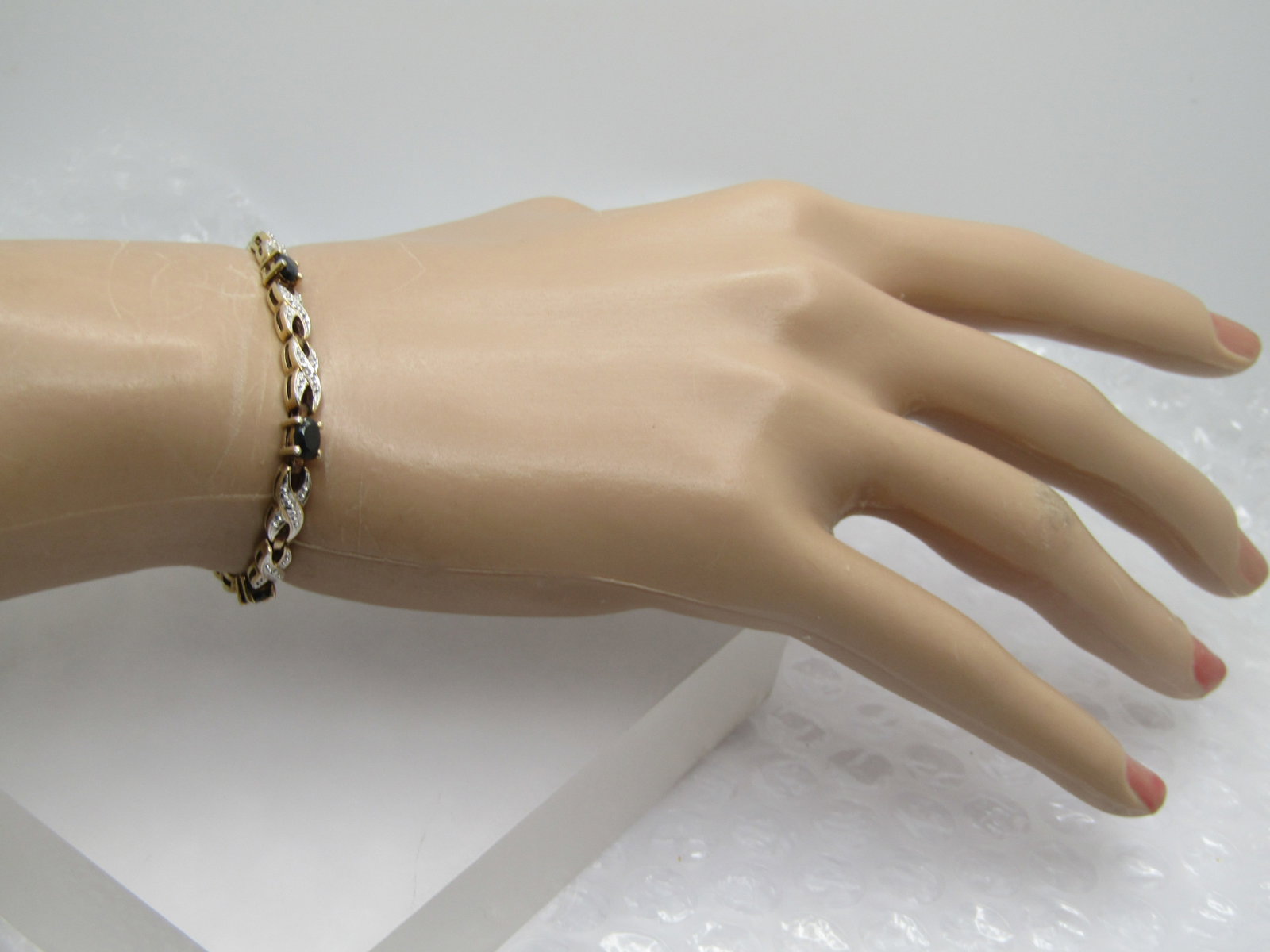 Vintage Sterling Vermeil Sapphire Illusion Tennis Bracelet, 7.5", Signed R, Two-Tone XO - 2