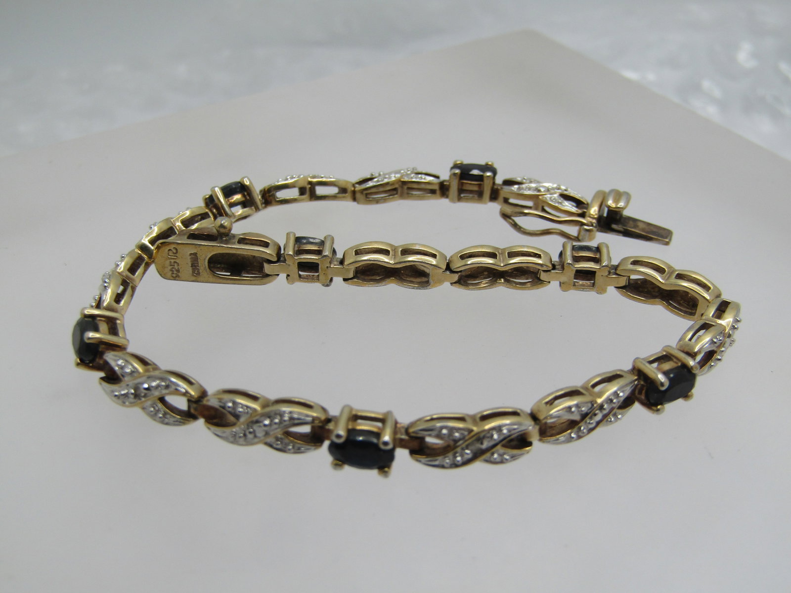 Vintage Sterling Vermeil Sapphire Illusion Tennis Bracelet, 7.5", Signed R, Two-Tone XO - 5