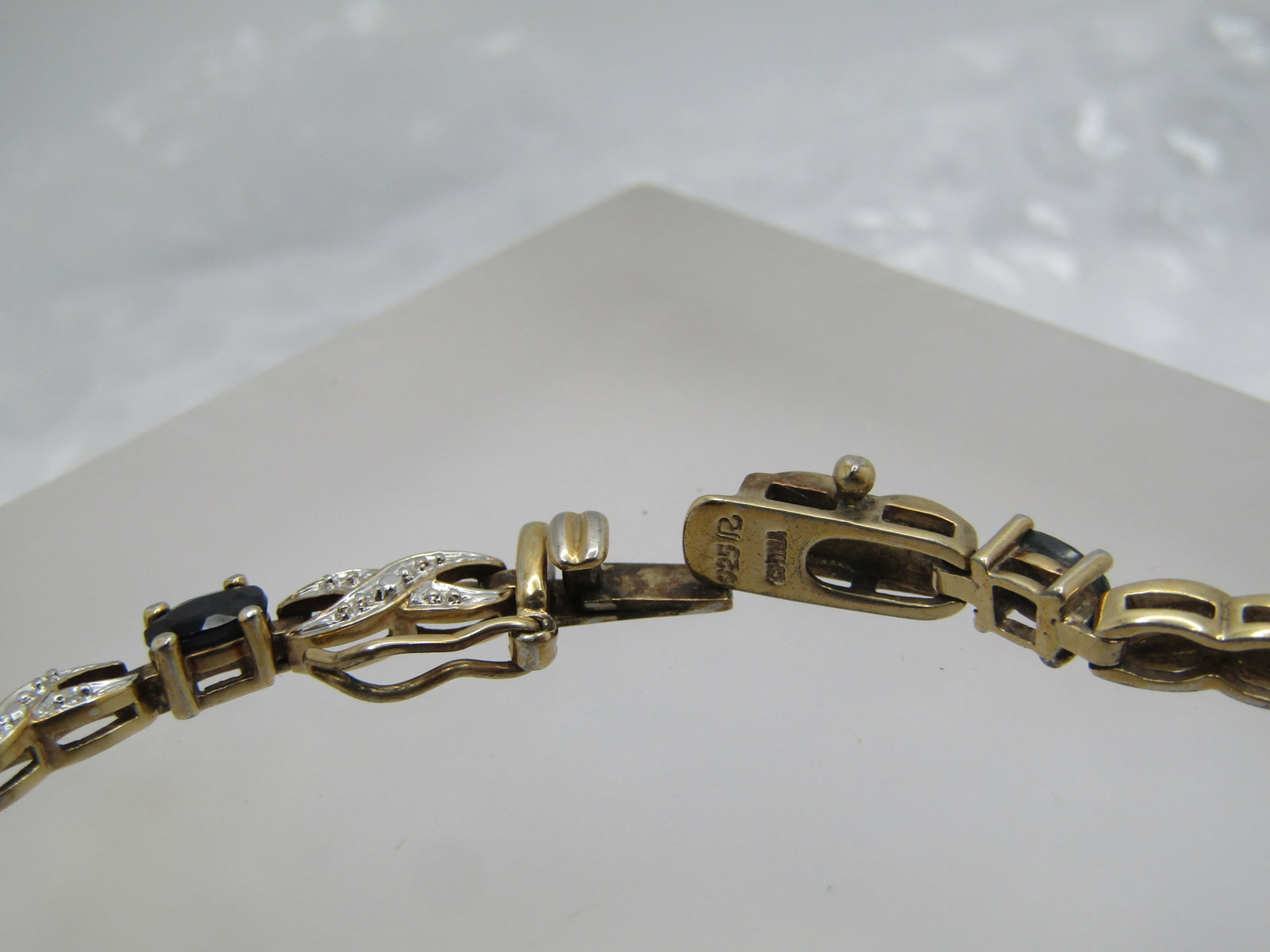 Vintage Sterling Vermeil Sapphire Illusion Tennis Bracelet, 7.5", Signed R, Two-Tone XO - 6
