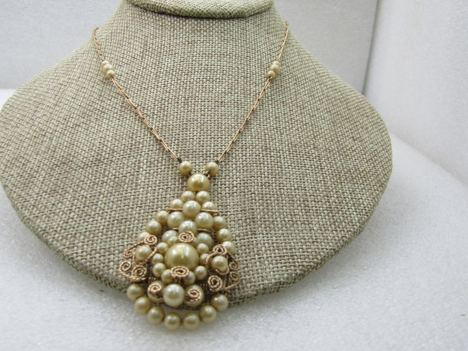 Vintage 12kt G.F. Faux Pearl Long Link Necklace, Hand-Made, 17" - 7