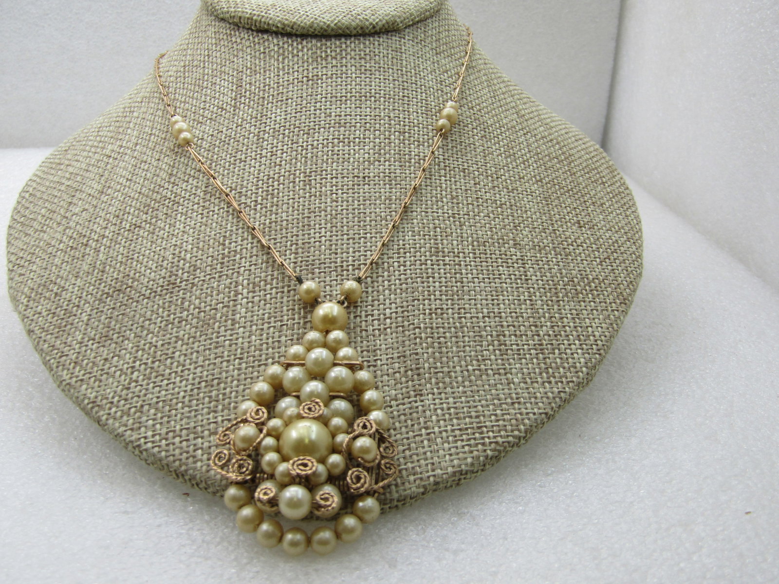 Vintage 12kt G.F. Faux Pearl Long Link Necklace, Hand-Made, 17" - 8