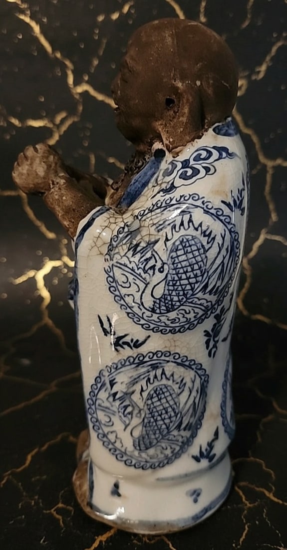 Vintage Blue and White Ceramic Buddha Statue 7.5" Tall Oriental Figurine - 2