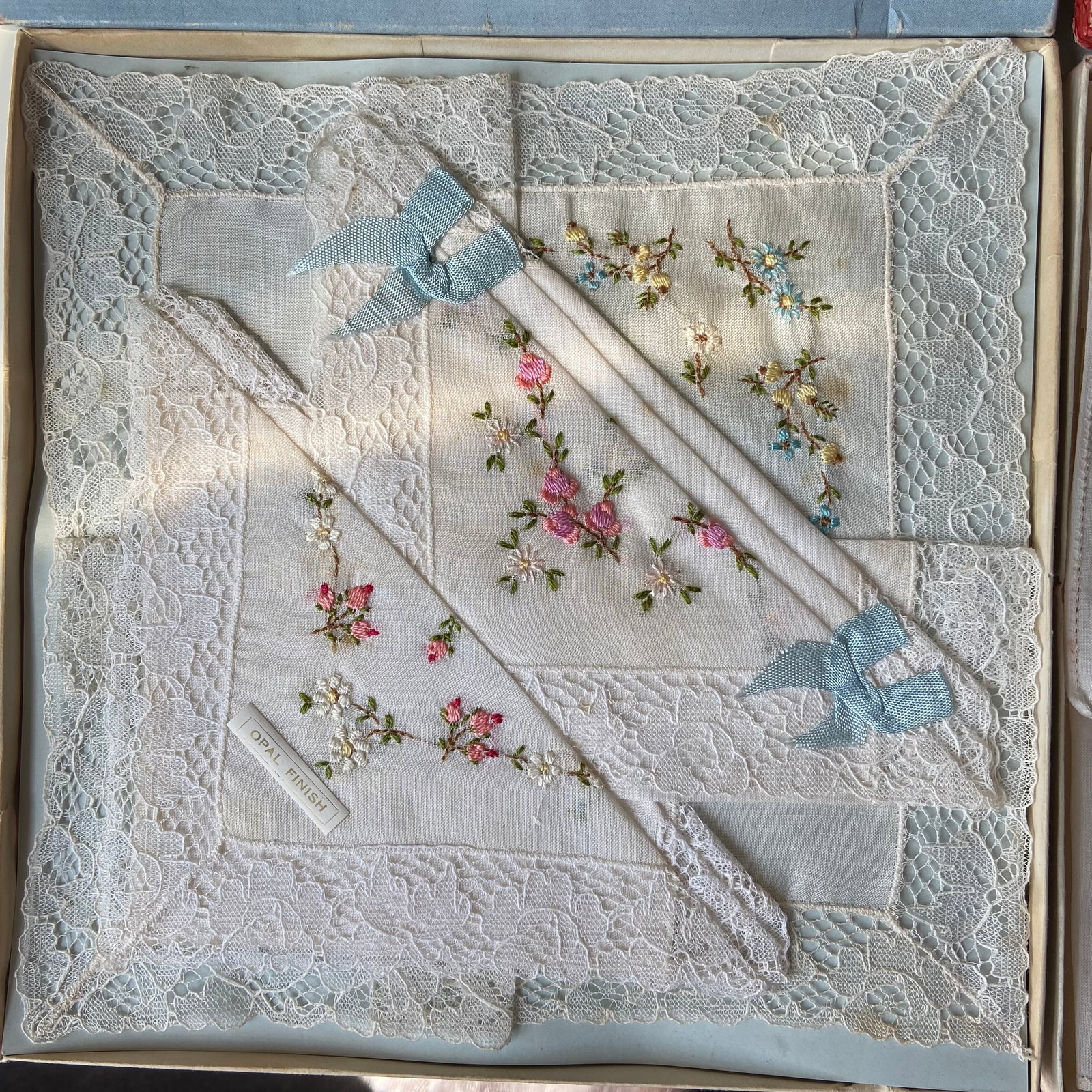 Vintage 6pcs handmade silk embroidery handkerchief with laced edge - 2