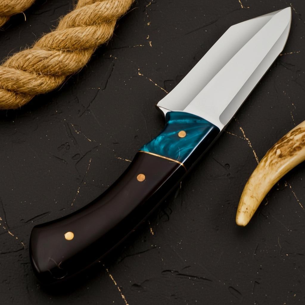 Custom Handmade D2 Steel Hunting Knife Skinner | Resin and Horn Handle w/ Leather Sheath - 7