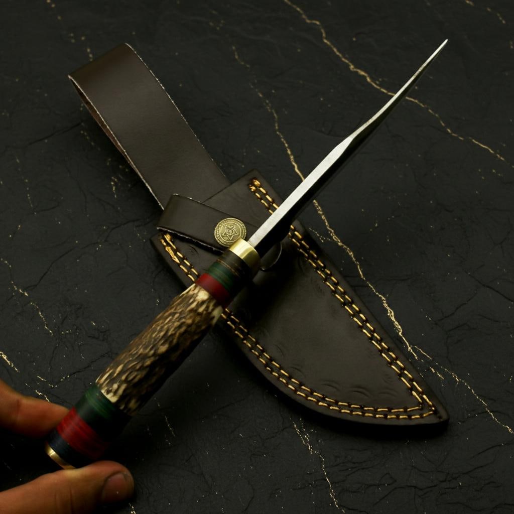 10" Hand Forged Damascus Steel Hunting Knife, Custom Stag Horn Handle, Leather Sheath - 5