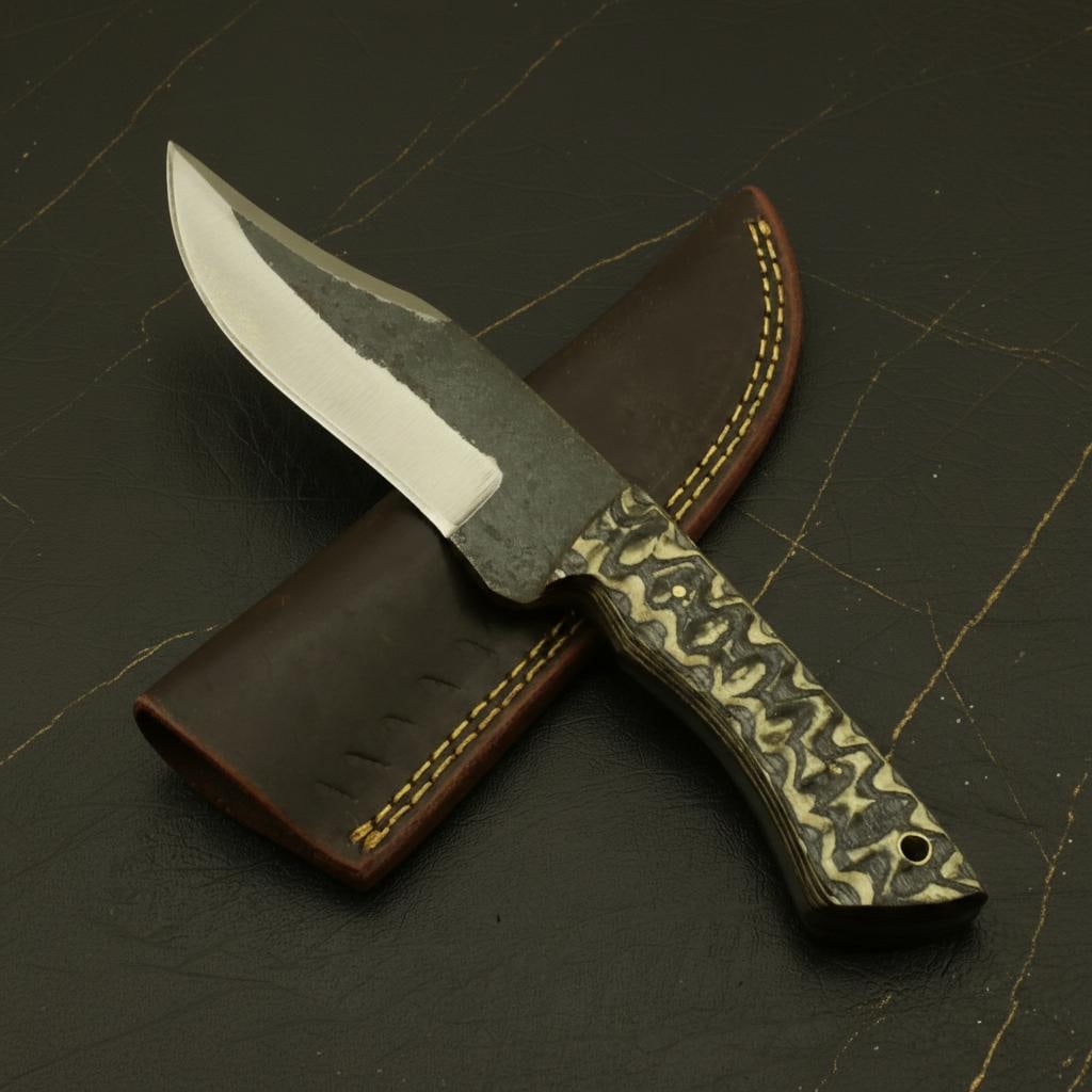 Olive Wood Handle Fixed Blade Hunting Knife, Hand Forged from Carbon Steel Railroad Spike - 3