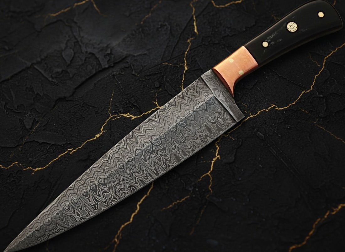 12" Custom Damascus Steel Chef Knife Buffalo Horn Handle Copper Bolster - 2