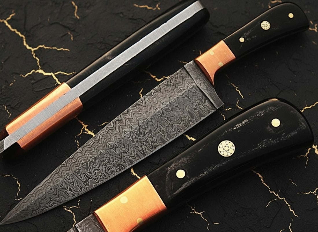 12" Custom Damascus Steel Chef Knife Buffalo Horn Handle Copper Bolster - 3