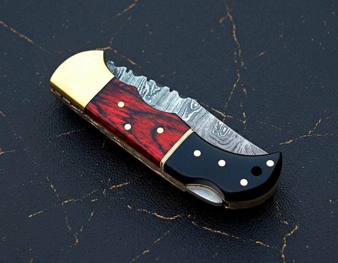 Hand Forged Damascus Steel Pocket Knife with Black Horn, Red Wood and Brass Accents - 6