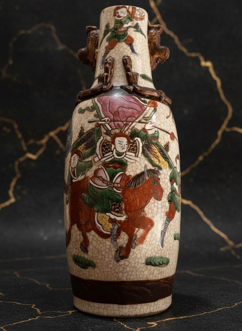 Vintage Cantonese Crackle Glaze Oriental Vase Victorian Era Asian Pottery - 2