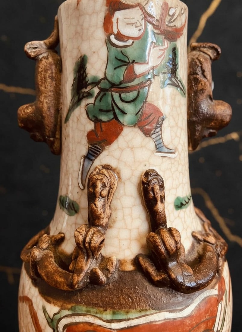 Vintage Cantonese Crackle Glaze Oriental Vase Victorian Era Asian Pottery - 3