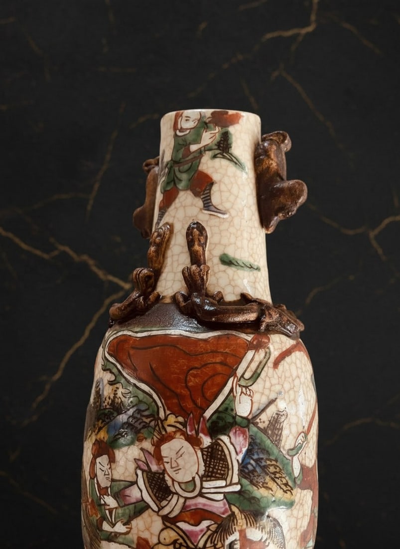 Vintage Cantonese Crackle Glaze Oriental Vase Victorian Era Asian Pottery - 5