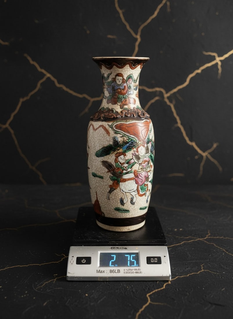 Vintage Cantonese Crackle Glaze Oriental Vase Victorian Era Asian Pottery - 8