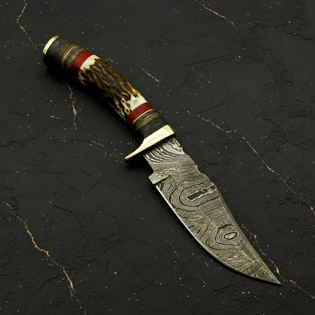 Stag Horn and Pakka Wood Damascus Hunting Knife, 9" Fixed Blade with Leather Sheath - 2