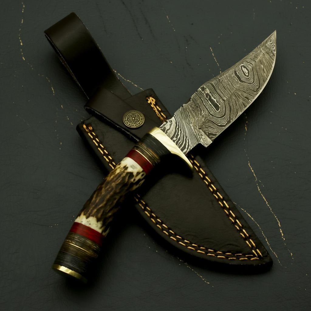 Stag Horn and Pakka Wood Damascus Hunting Knife, 9" Fixed Blade with Leather Sheath - 3