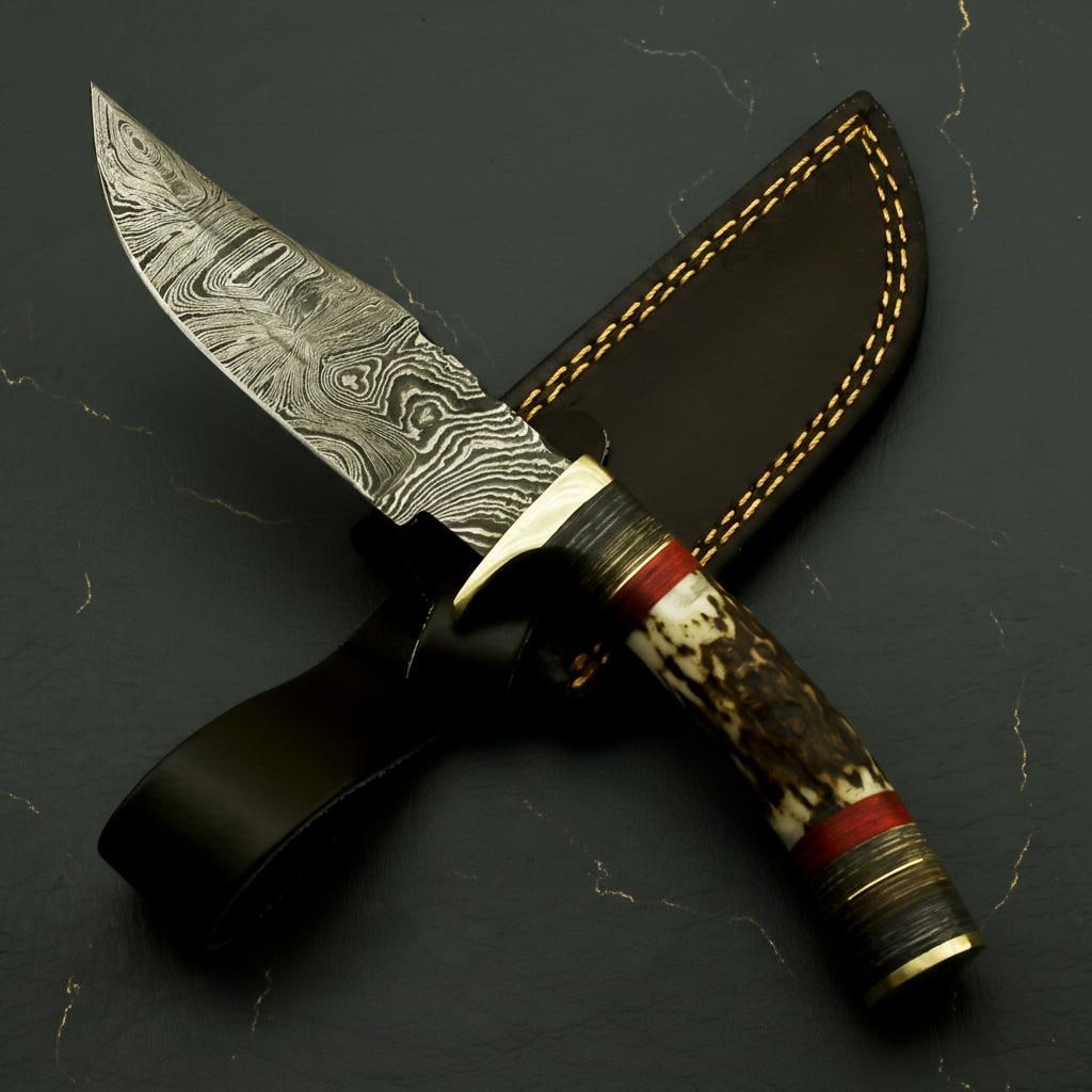 Stag Horn and Pakka Wood Damascus Hunting Knife, 9" Fixed Blade with Leather Sheath - 4