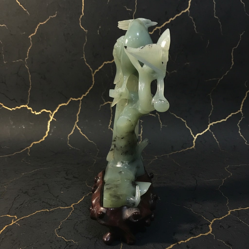 Antique Chinese Jade Phoenix Bird Sculpture with Wooden Display Stand - 2