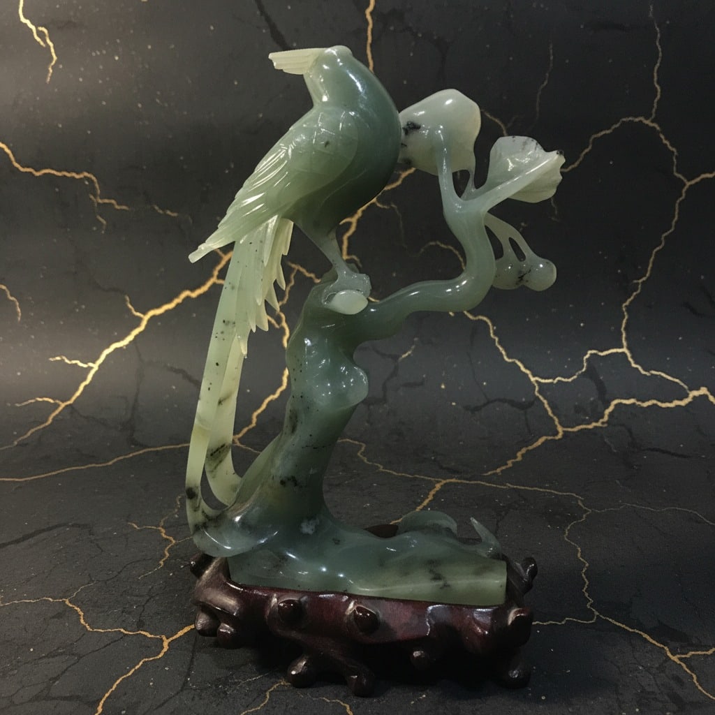 Antique Chinese Jade Phoenix Bird Sculpture with Wooden Display Stand - 3