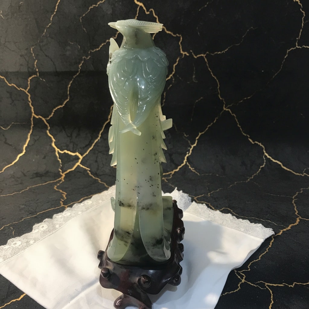 Antique Chinese Jade Phoenix Bird Sculpture with Wooden Display Stand - 4