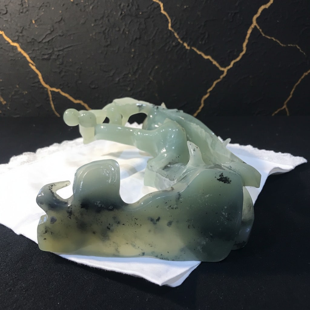 Antique Chinese Jade Phoenix Bird Sculpture with Wooden Display Stand - 6