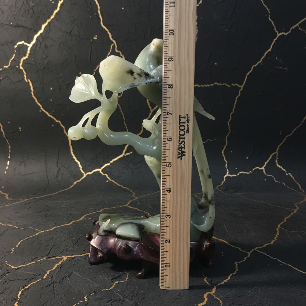 Antique Chinese Jade Phoenix Bird Sculpture with Wooden Display Stand - 9