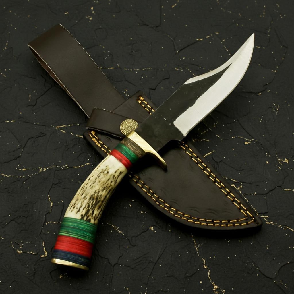 Handmade 512-Layer Damascus Steel Hunting Knife with Stag Horn Handle and Sheath - 4