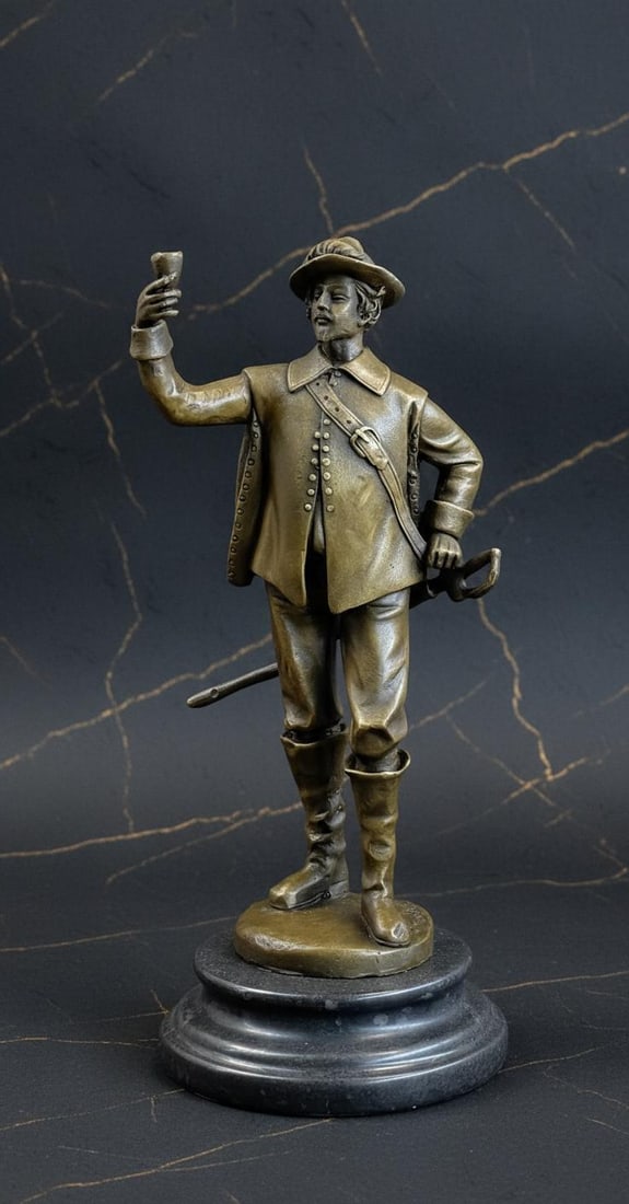 French Cavalry Soldier Toasting Cup Bronze Sculpture Signed Guillot on Marble Base (1 of 6)