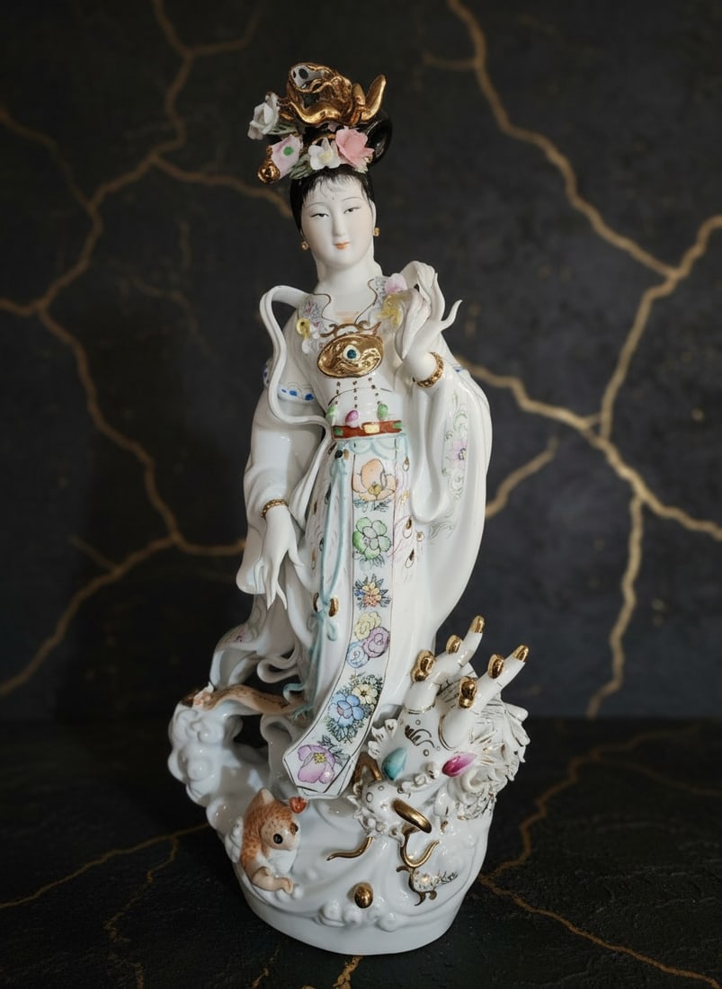 Antique Japanese Ceramic Guanyin Figurine with Koi and Dragon Statue - 2