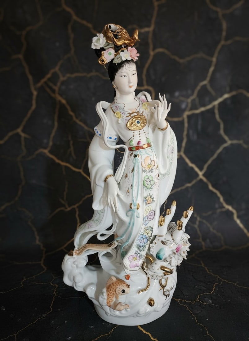 Antique Japanese Ceramic Guanyin Figurine with Koi and Dragon Statue - 3