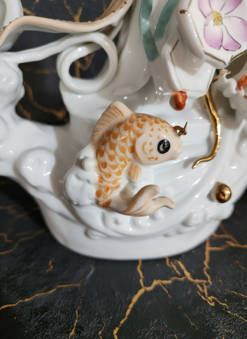 Antique Japanese Ceramic Guanyin Figurine with Koi and Dragon Statue - 4
